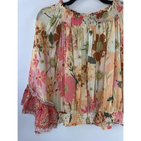 Aratta Silent Journey Daisy Floral Ruffled Cotton Blouse Off The Shoulder Large - Picture 3 of 14
